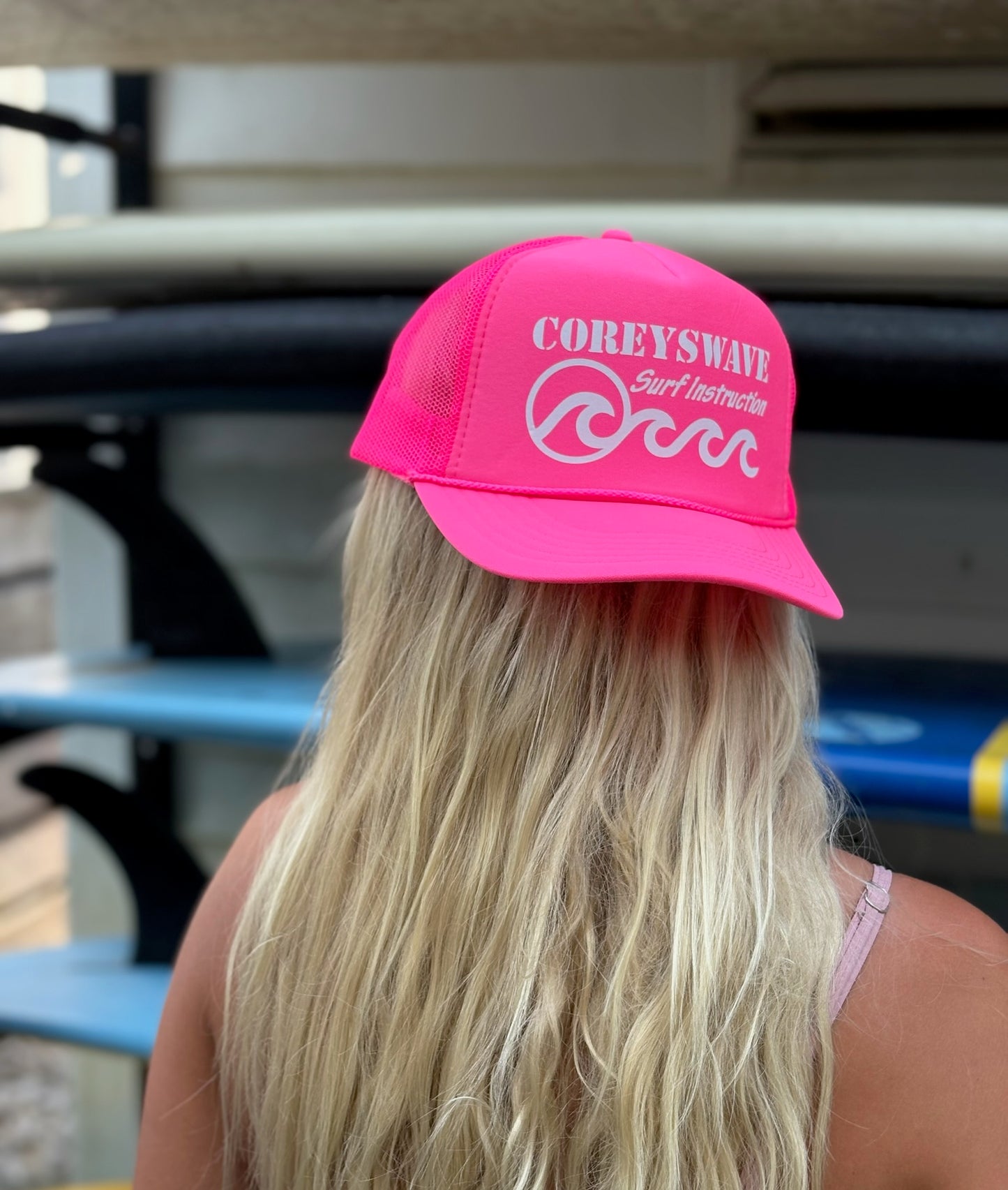 Coreyswave Trucker Hat - Neon Pink with Glossy White Logo