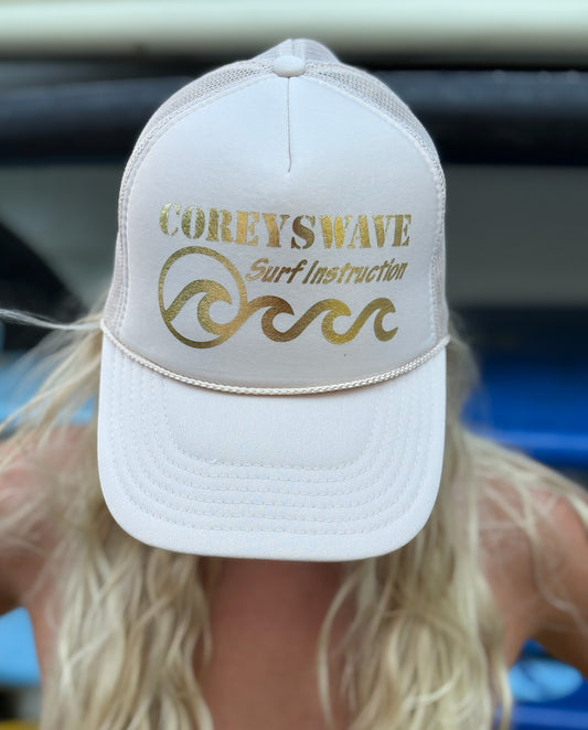 Coreyswave Trucker Hat - Tan with Glossy Gold Logo